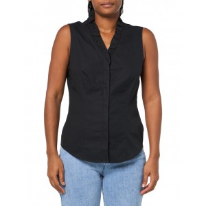 Women's black sleeveless ruffle collar shirt