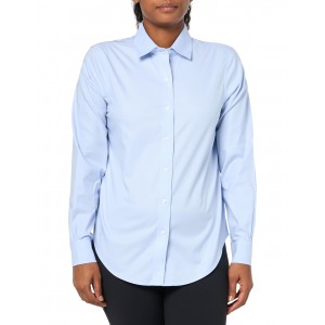 Women's blue long-sleeved shirt with white buttons