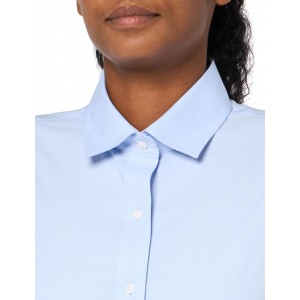 Women's blue long-sleeved shirt with white buttons