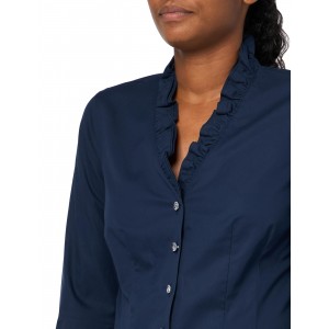 Women's navy blue long sleeve ruffle collar shirt